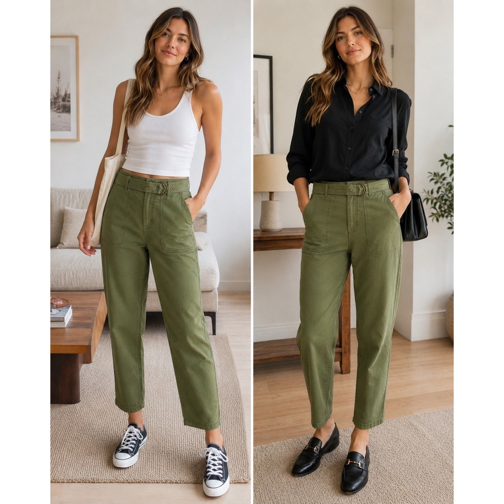 Kensie Olive Green Utility Crop Pants High Rise Quiet Luxury Casual Chic Sz 8 29